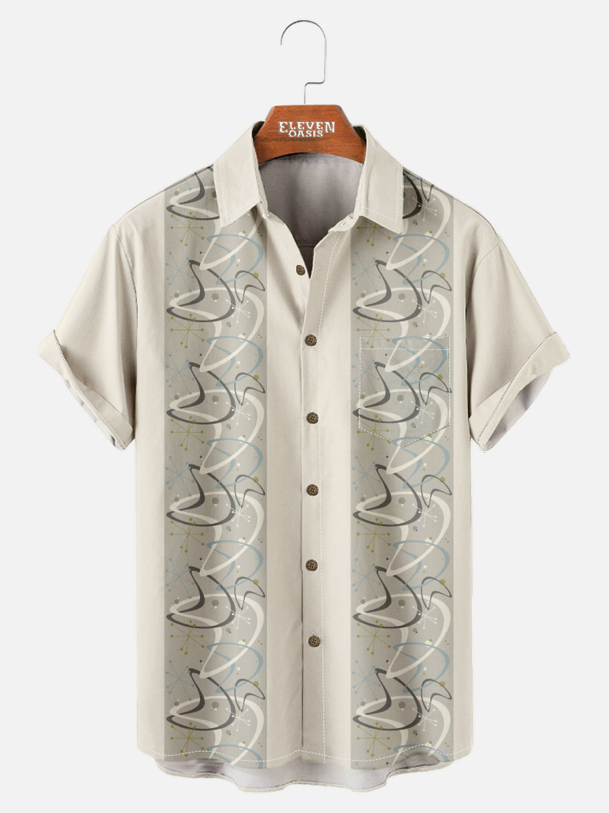 Tall Men's Art Pattern Spread Collar Short Sleeve Shirt Abstract Wave Motif Eleven Oasis