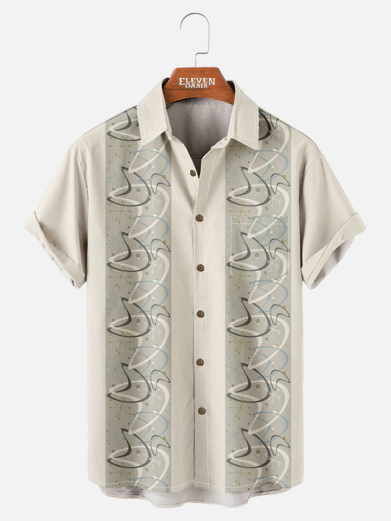 Tall Men's Art Pattern Spread Collar Short Sleeve Shirt Abstract Wave Motif Eleven Oasis