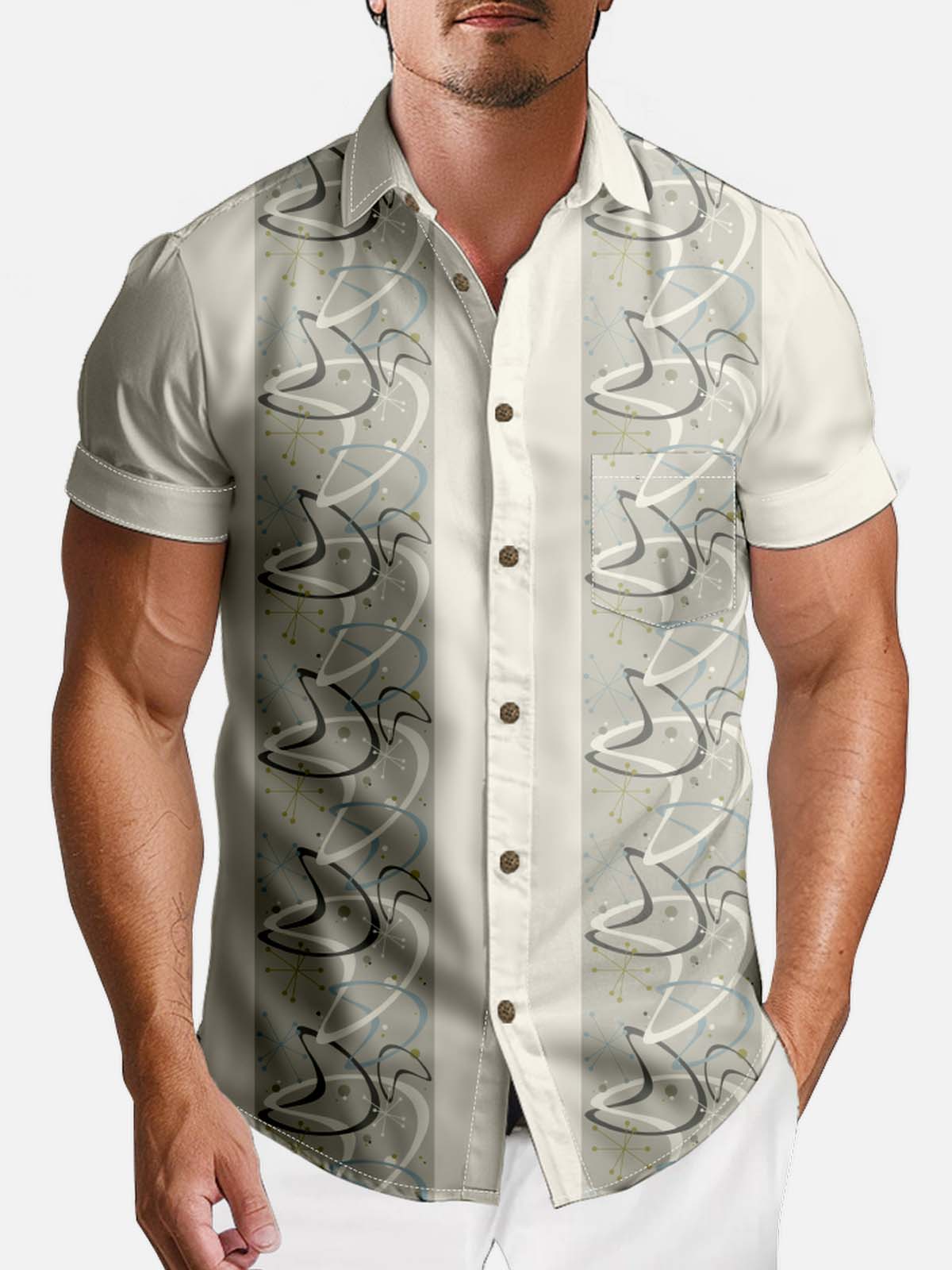 Tall Men's Art Pattern Spread Collar Short Sleeve Shirt Abstract Wave Motif Eleven Oasis