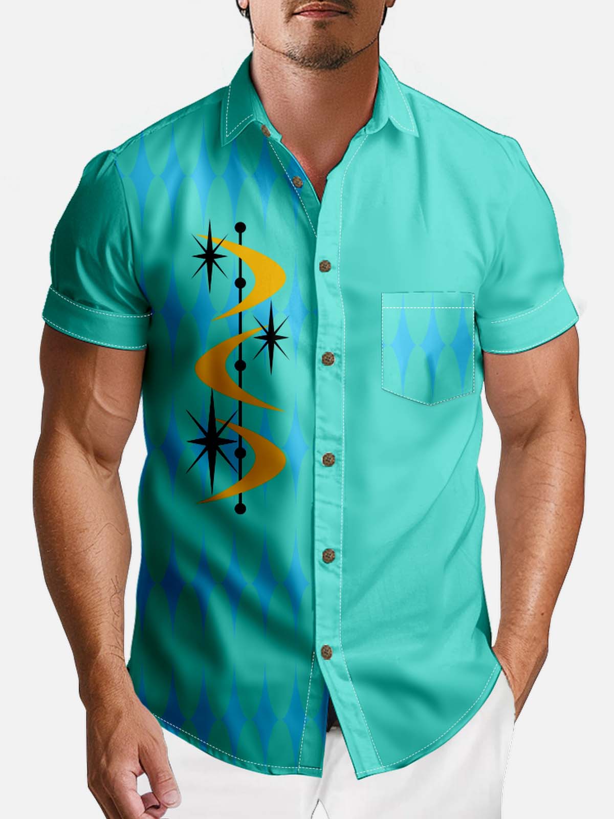 Men's Mid-Century Atomic Boomerang Short Sleeve Shirt ElevenOasis