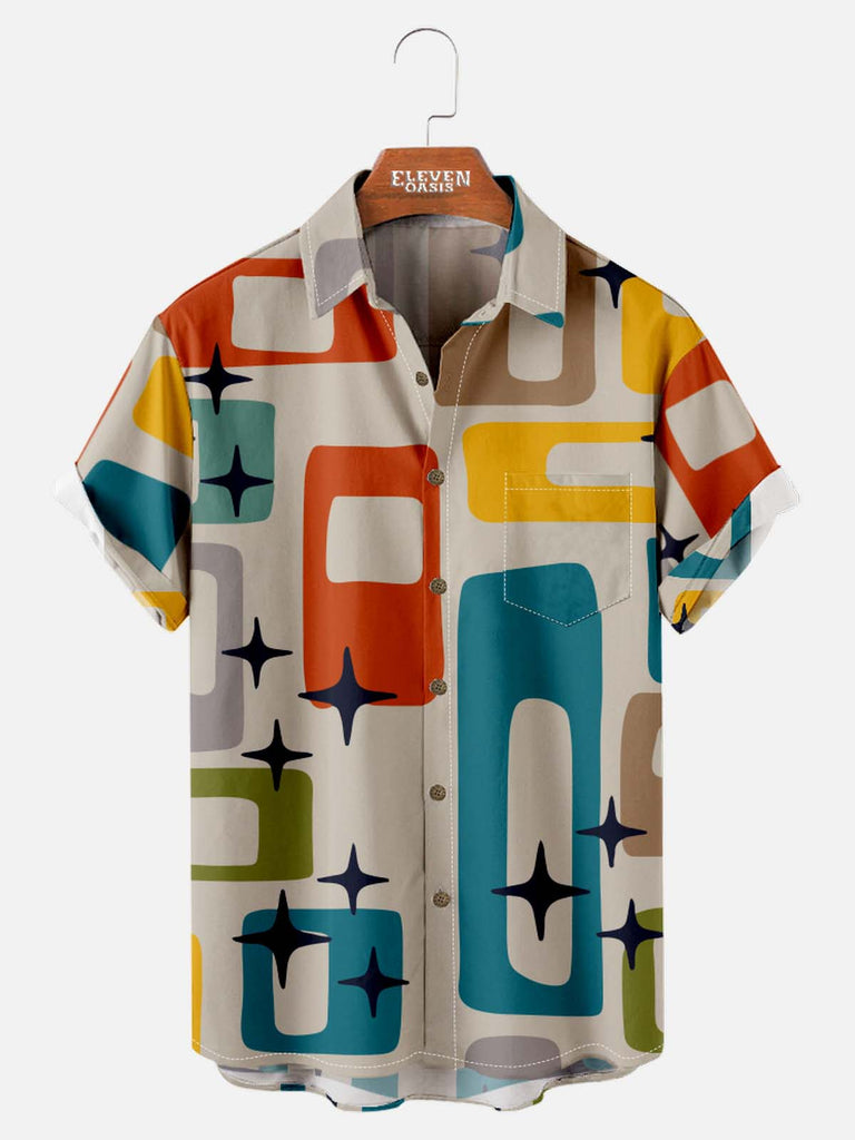 Tall Men's Art Pattern Spread Collar Short Sleeve Shirt Star Embellished Medieval Modern Style Eleven Oasis