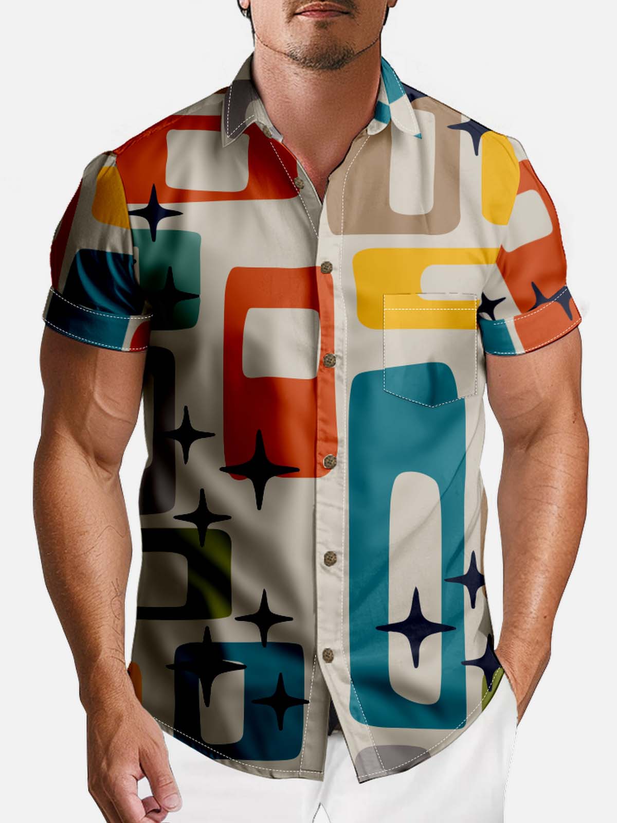 Tall Men's Art Pattern Spread Collar Short Sleeve Shirt Star Embellished Medieval Modern Style Eleven Oasis