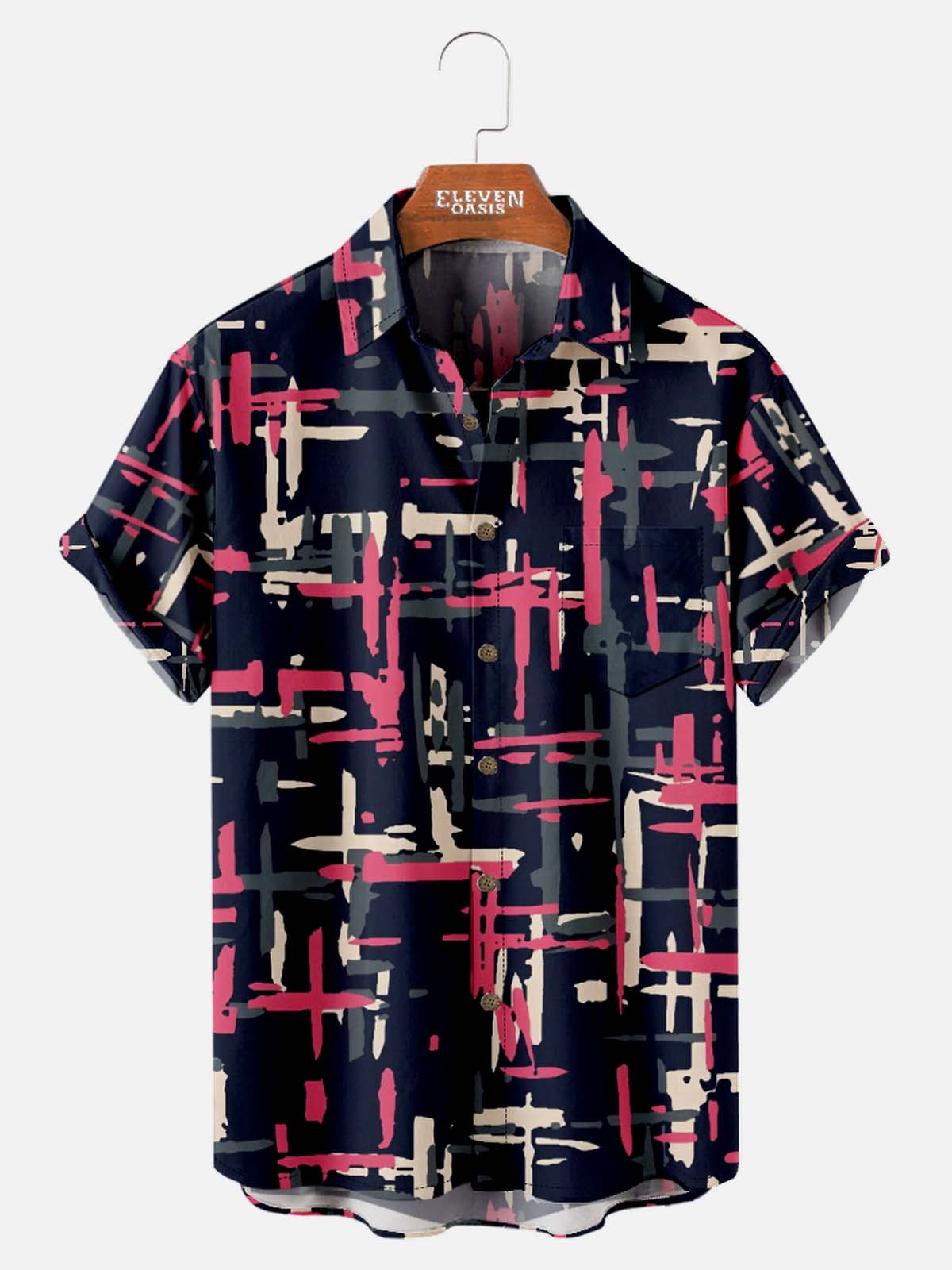 Tall Men's Art Pattern Spread Collar Short Sleeve Shirt Contrast Color Line Motif Eleven Oasis