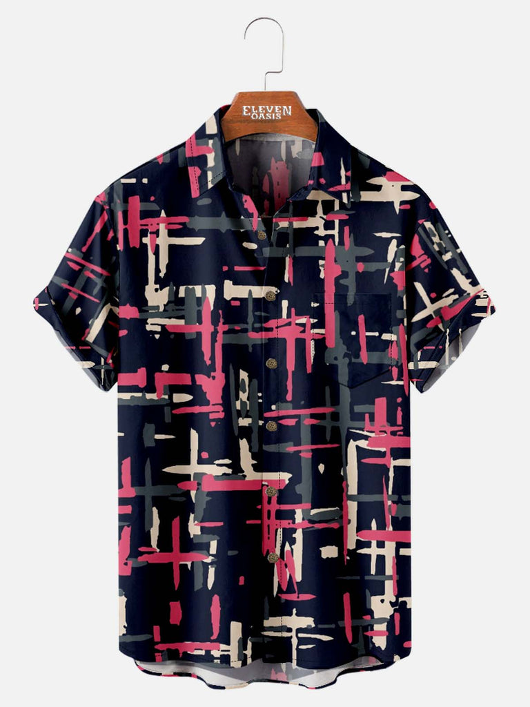 Tall Men's Art Pattern Spread Collar Short Sleeve Shirt Contrast Color Line Motif Eleven Oasis