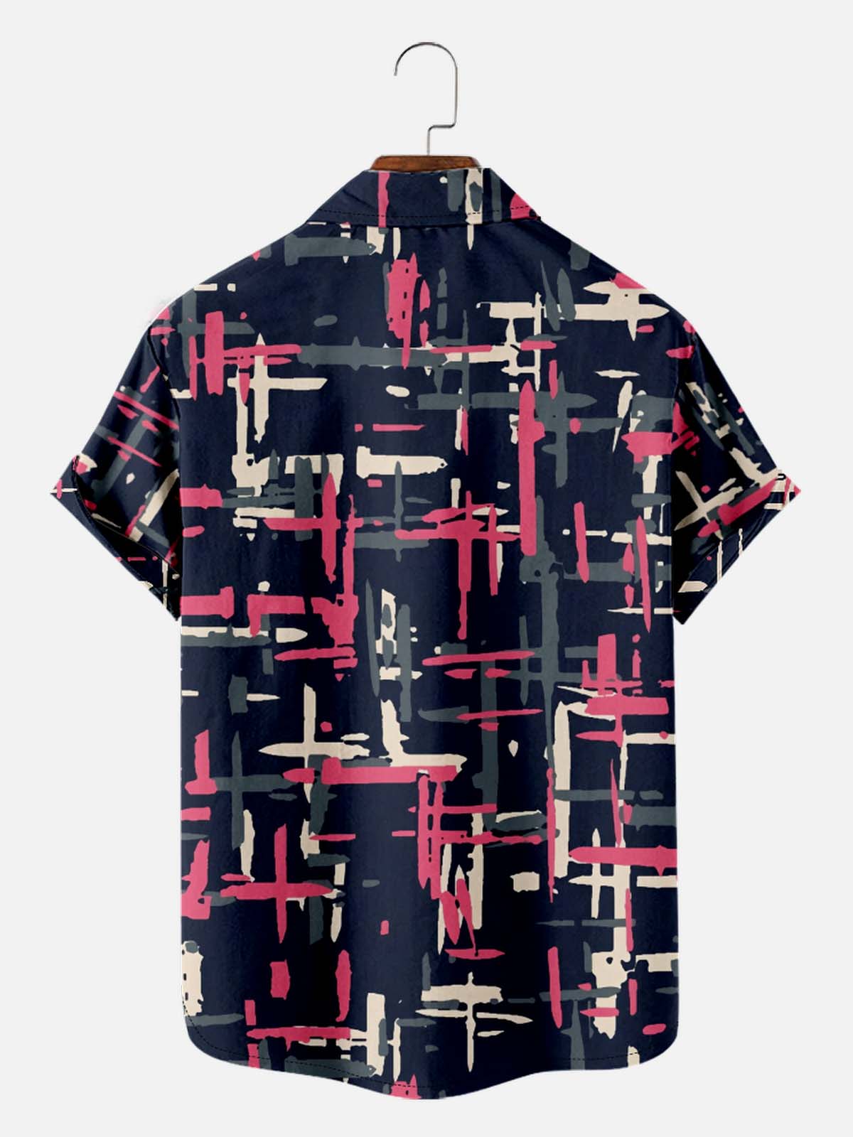 Tall Men's Art Pattern Spread Collar Short Sleeve Shirt Contrast Color Line Motif Eleven Oasis