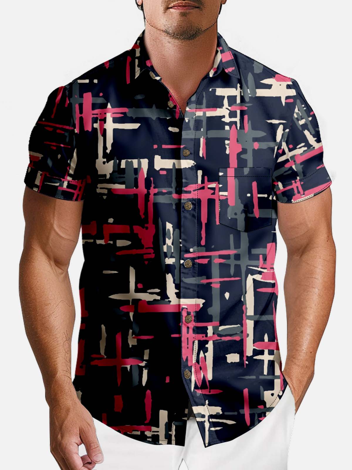 Tall Men's Art Pattern Spread Collar Short Sleeve Shirt Contrast Color Line Motif Eleven Oasis