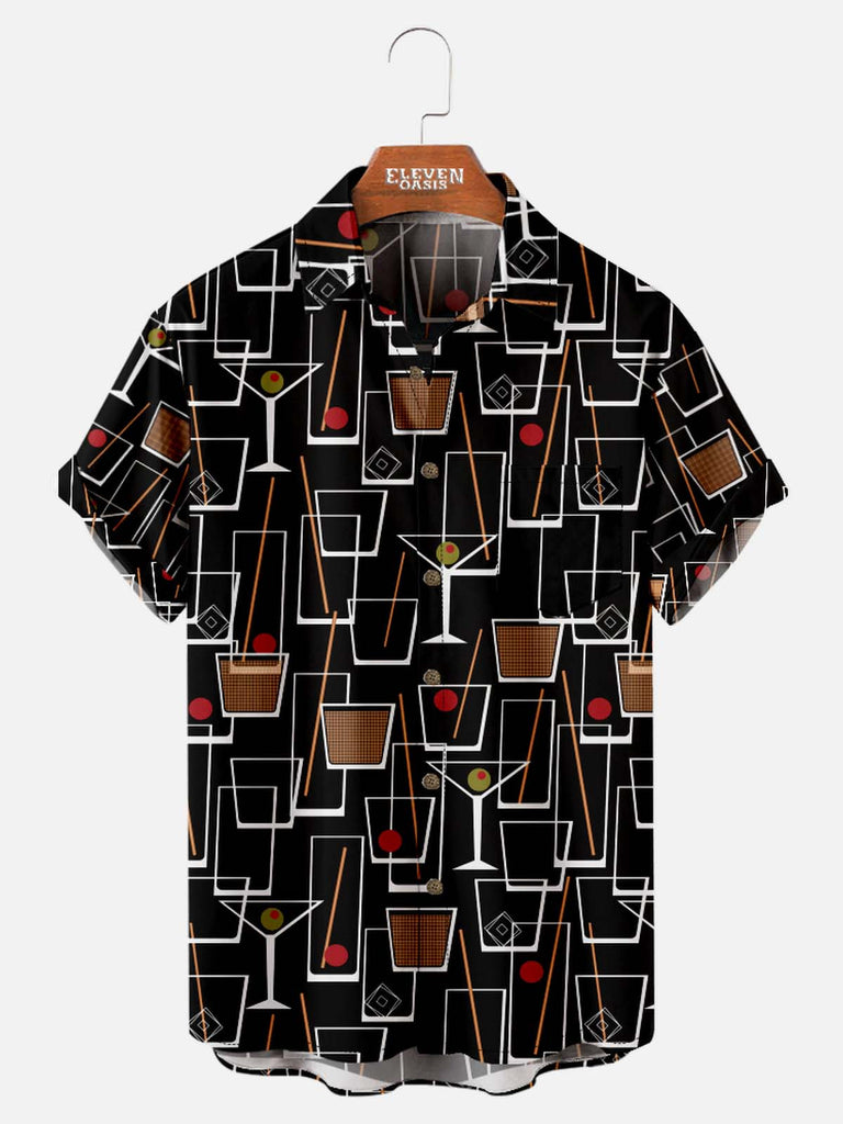 Tall Men's Art Pattern Spread Collar Short Sleeve Shirt Geometric Cocktail Motif Eleven Oasis