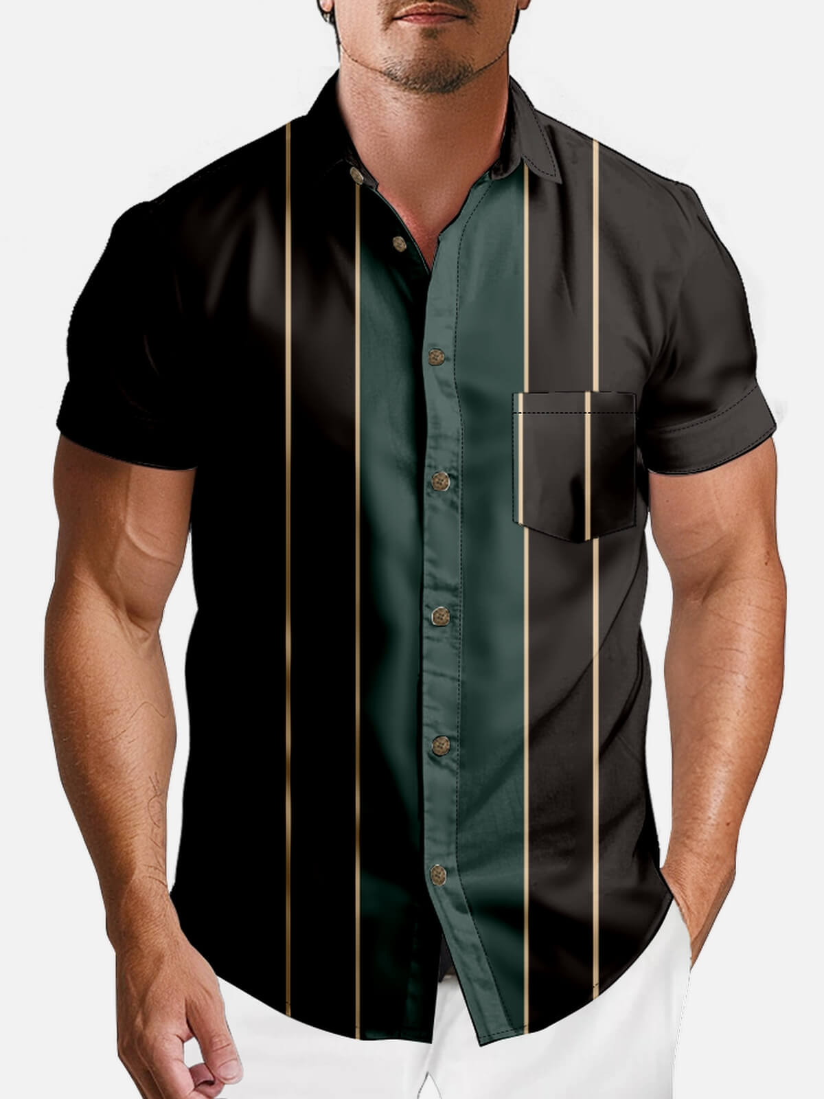 Tall Size Mens Striped Front Buttons Soft Breathable Chest Pocket Casual Bowling Shirts Eleven Oasis