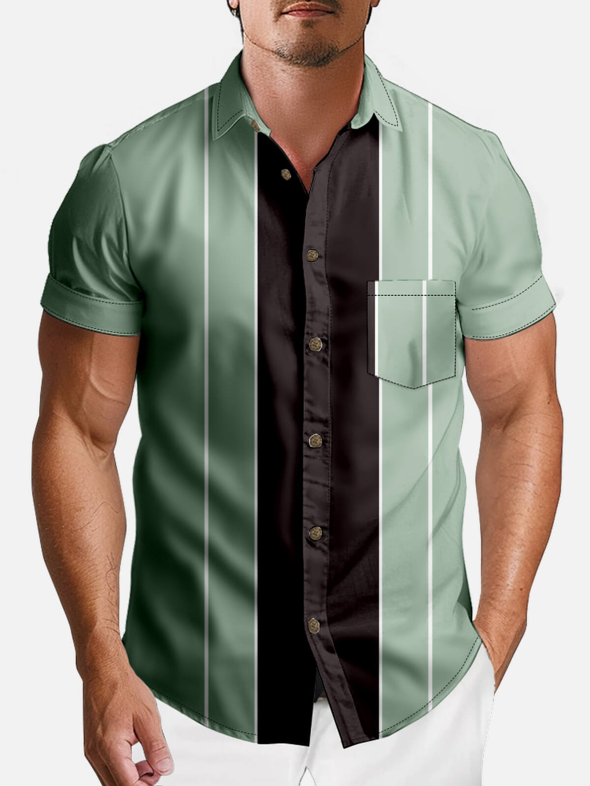 Tall Size Mens Striped Front Buttons Soft Breathable Chest Pocket Casual Bowling Shirts Eleven Oasis