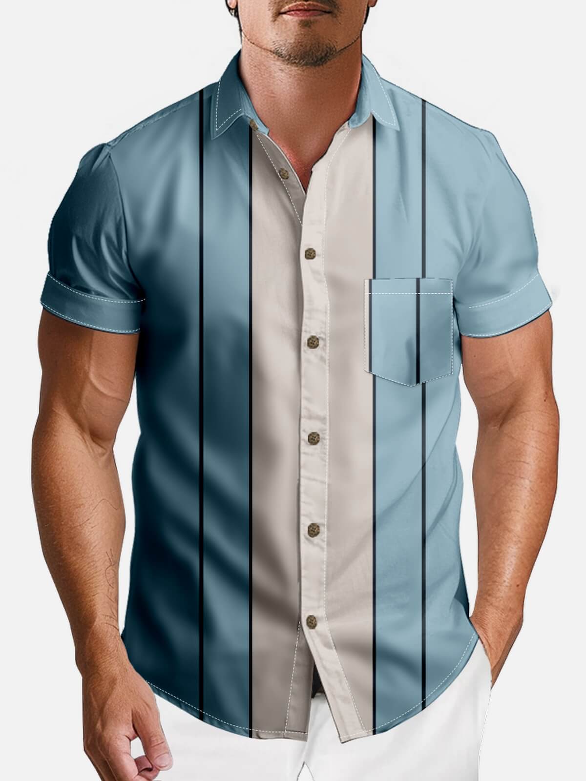 Tall Size Mens Striped Front Buttons Soft Breathable Chest Pocket Casual Bowling Shirts Eleven Oasis