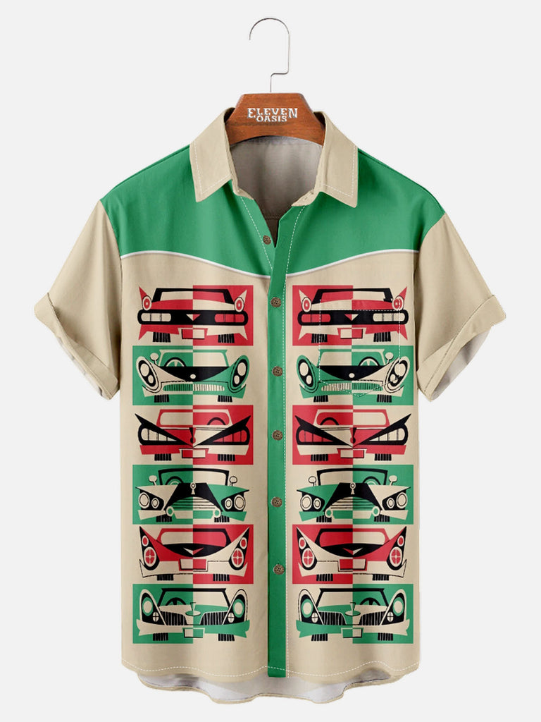Tall HotRod&Automotive Spread Collar Short Sleeve Shirt For Men Color Block Geometric Cars Eleven Oasis