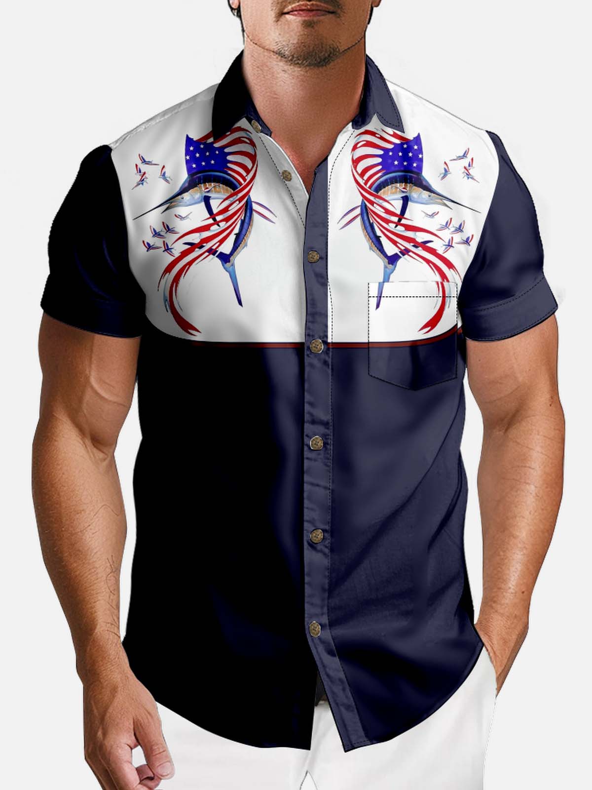 American Pride Spread Collar Short Sleeve Shirt For Men Patriotic Style Sailfish Eleven Oasis