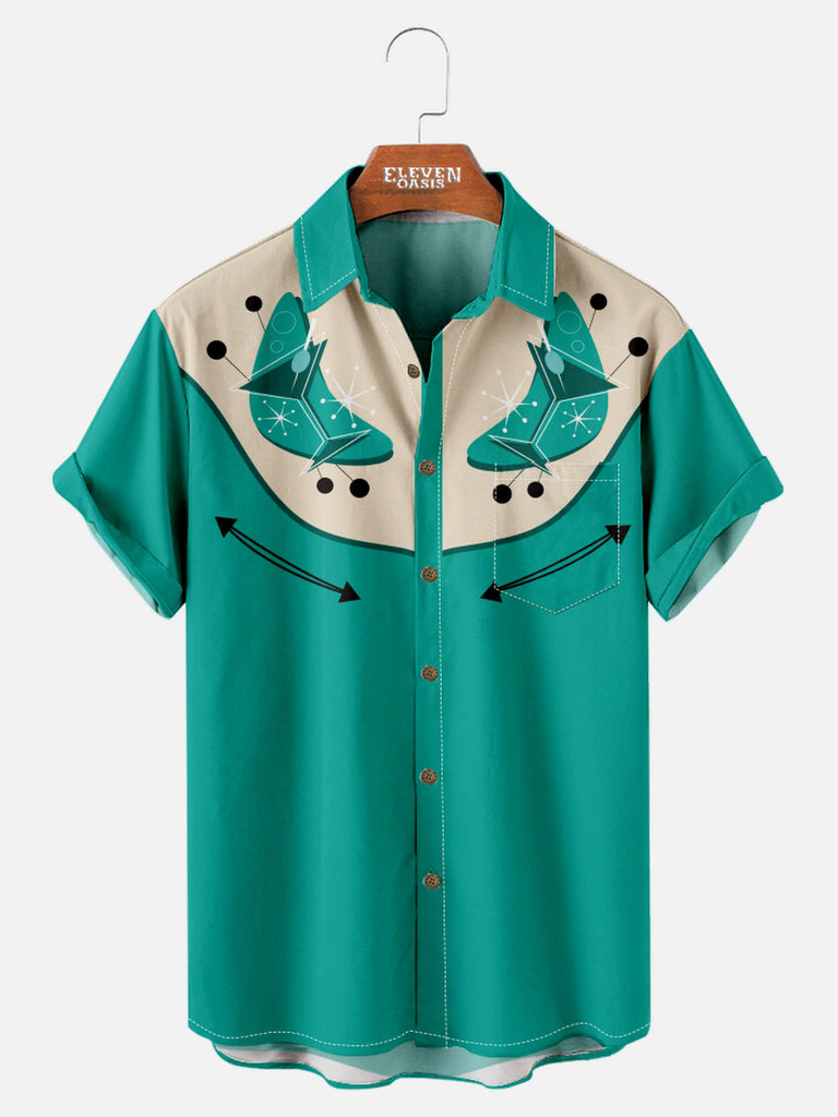Art Pattern Spread Collar Short Sleeve Shirt For Men Western Cocktail Retro Eleven Oasis