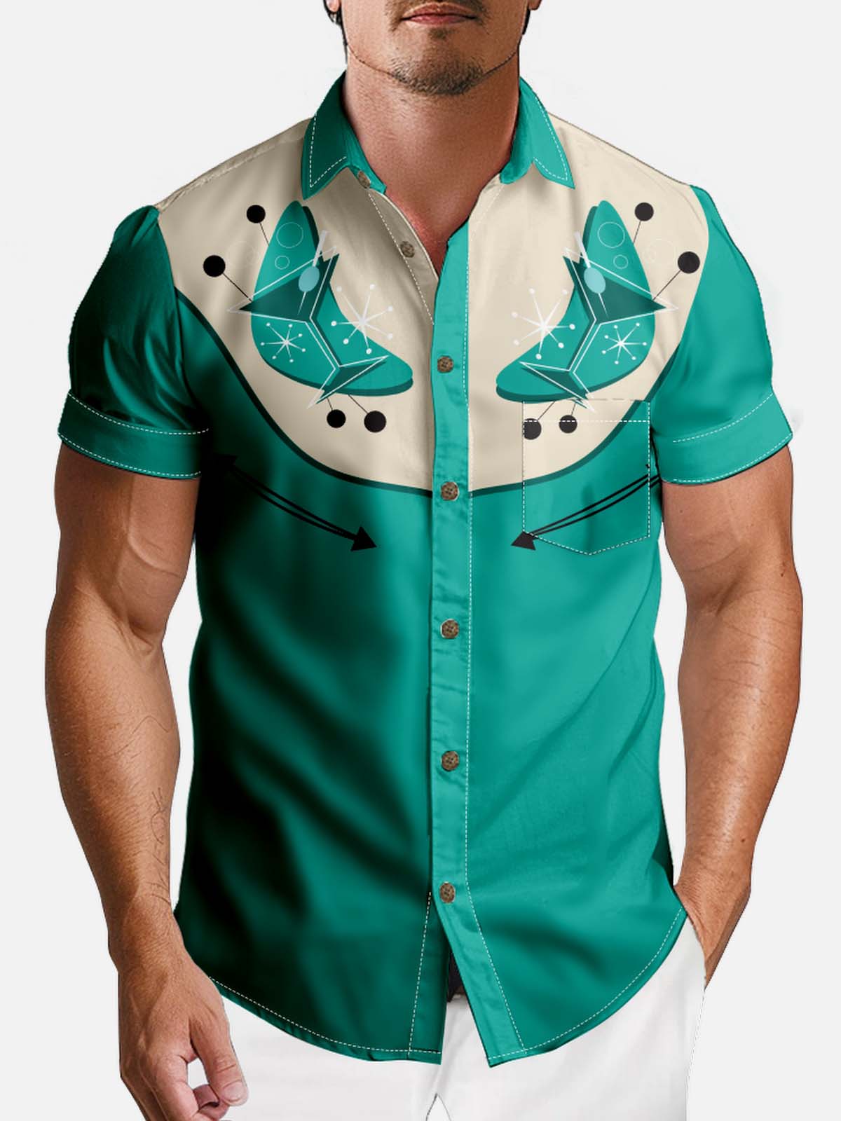 Art Pattern Spread Collar Short Sleeve Shirt For Men Western Cocktail Retro Eleven Oasis