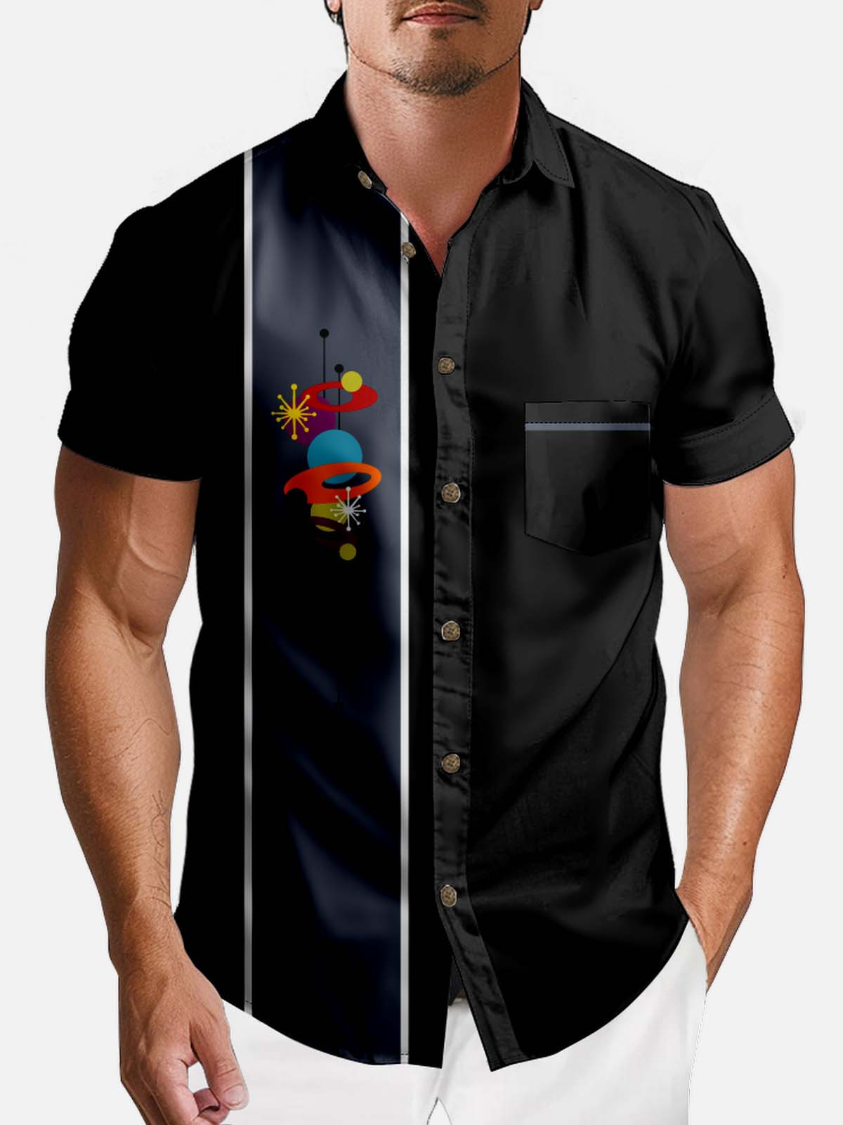 Tall Men's Atomic Space Age Bowling Short Sleeve Shirt Eleven Oasis