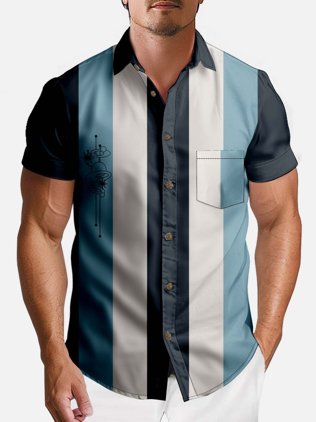 Tall Men's Atomic Age Vertical Stripe Bowling Short Sleeve Shirt Eleven Oasis