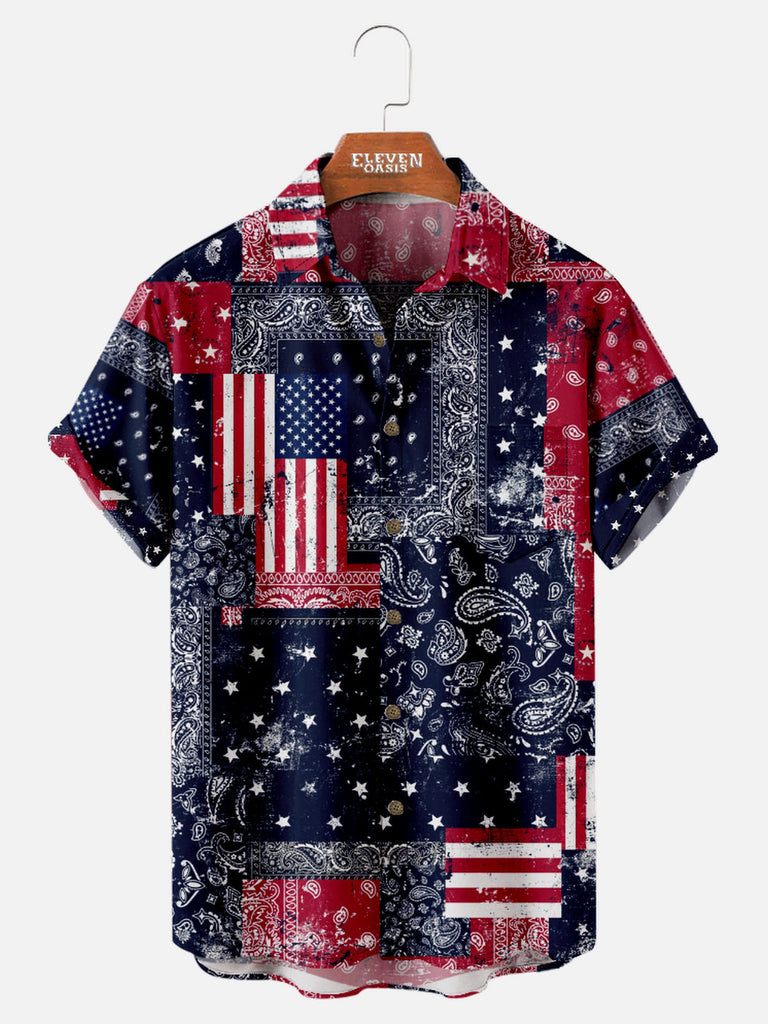 Tall American Pride Spread Collar Short Sleeve Shirt For Men Stars and Stripes Paisley Patchwork Eleven Oasis