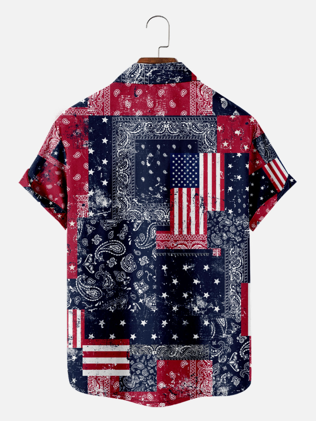 Tall American Pride Spread Collar Short Sleeve Shirt For Men Stars and Stripes Paisley Patchwork Eleven Oasis