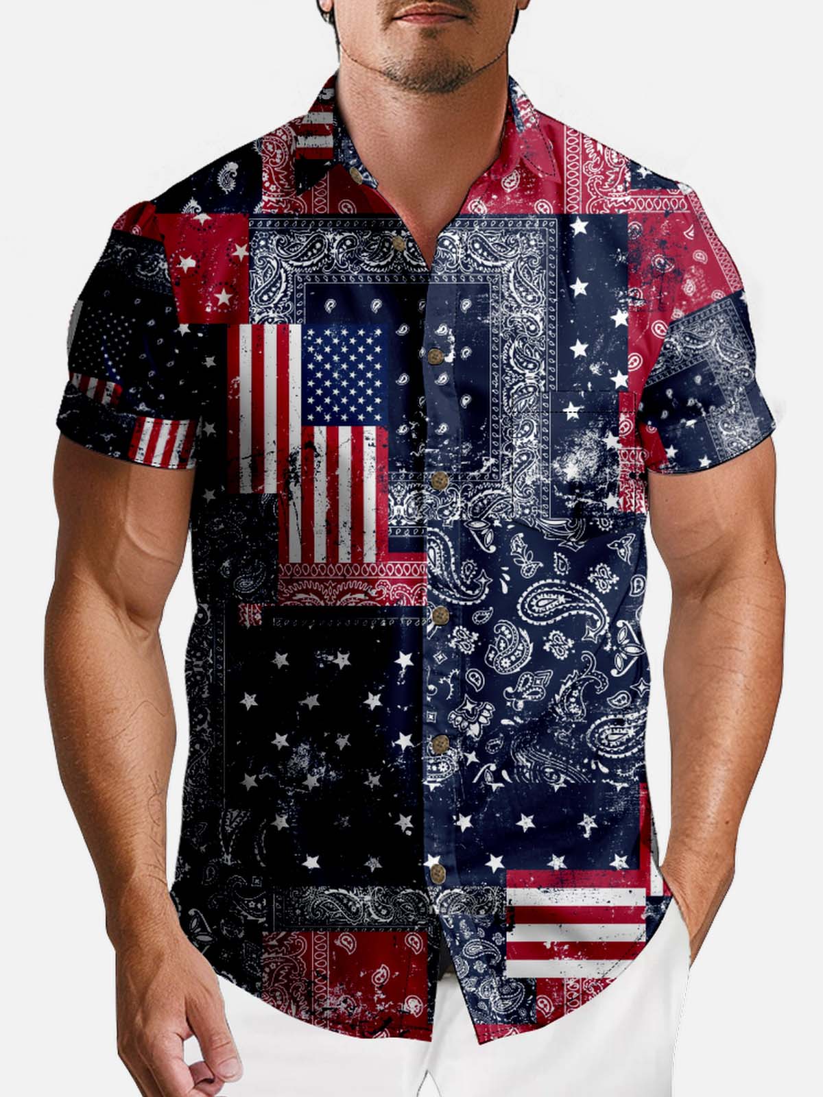 Tall American Pride Spread Collar Short Sleeve Shirt For Men Stars and Stripes Paisley Patchwork Eleven Oasis