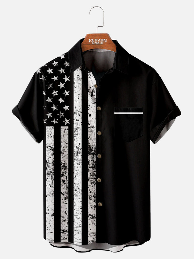 Tall American Pride Spread Collar Short Sleeve Shirt For Men Retro Color-Block Flag Eleven Oasis