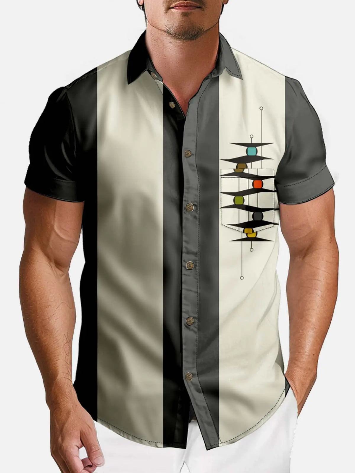 Tall Men's Mid-Century Modern Abstract Bowling Short Sleeve Shirt ElevenOasis