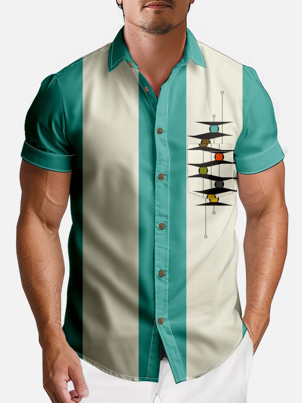 Men's Mid-Century Modern Abstract Bowling Short Sleeve Shirt Eleven Oasis