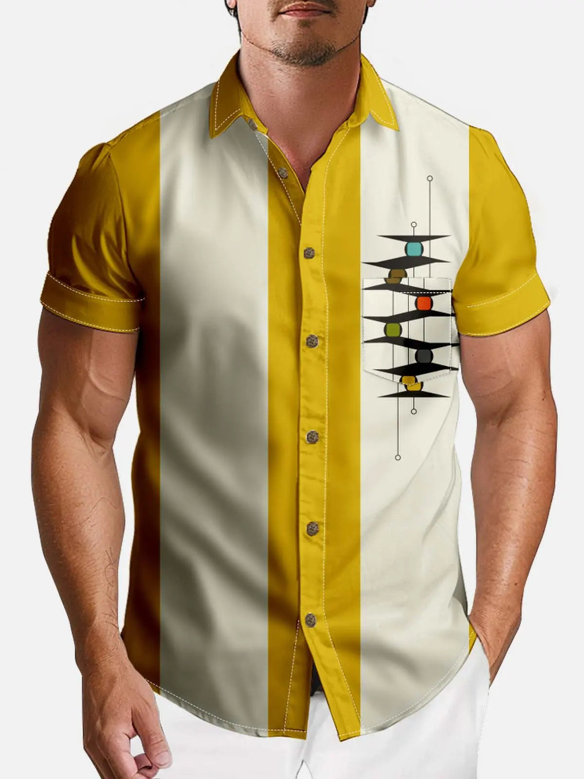 Tall Men's Mid-Century Modern Abstract Bowling Short Sleeve Shirt ElevenOasis