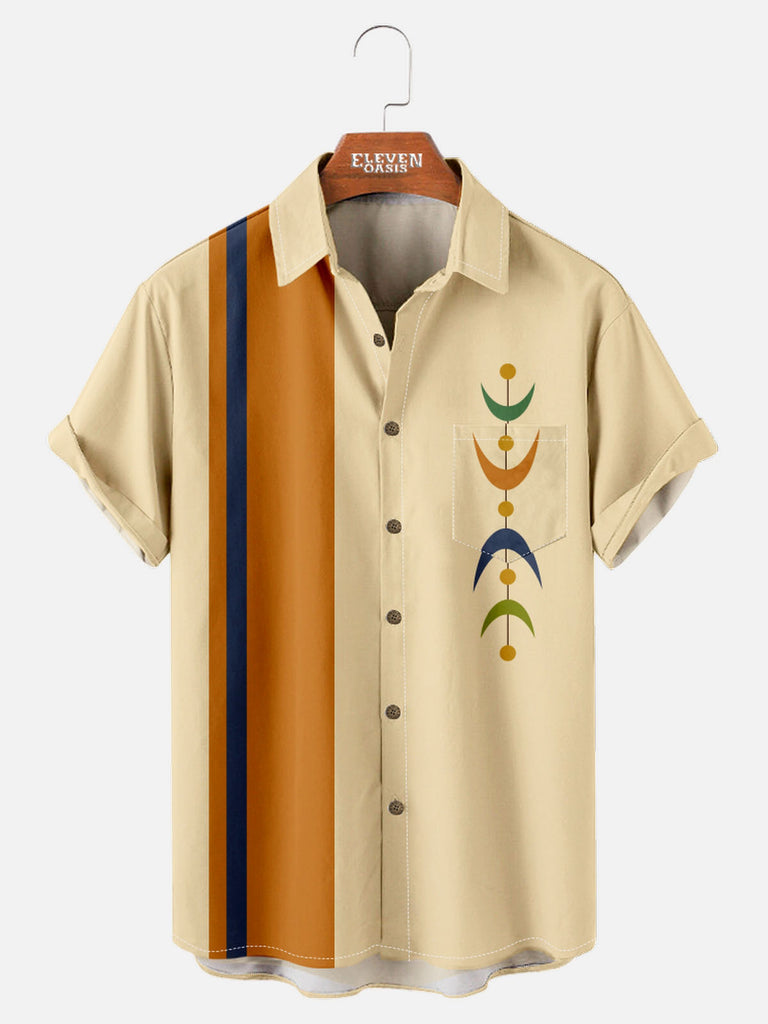 Tall Art Pattern Spread Collar Short Sleeve Shirt For Men Mid-Modern Half-Moon Motifs Eleven Oasis