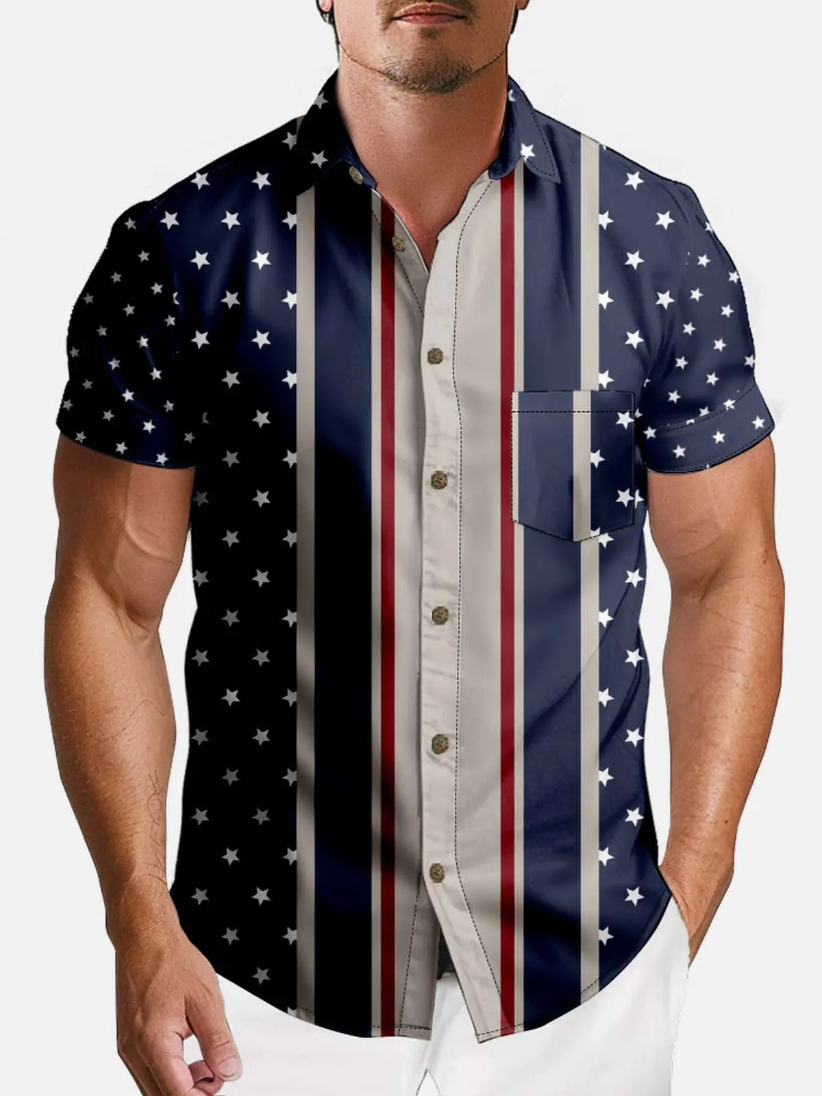 Tall Men's American Flag Stars Stripes Short Sleeve Shirt