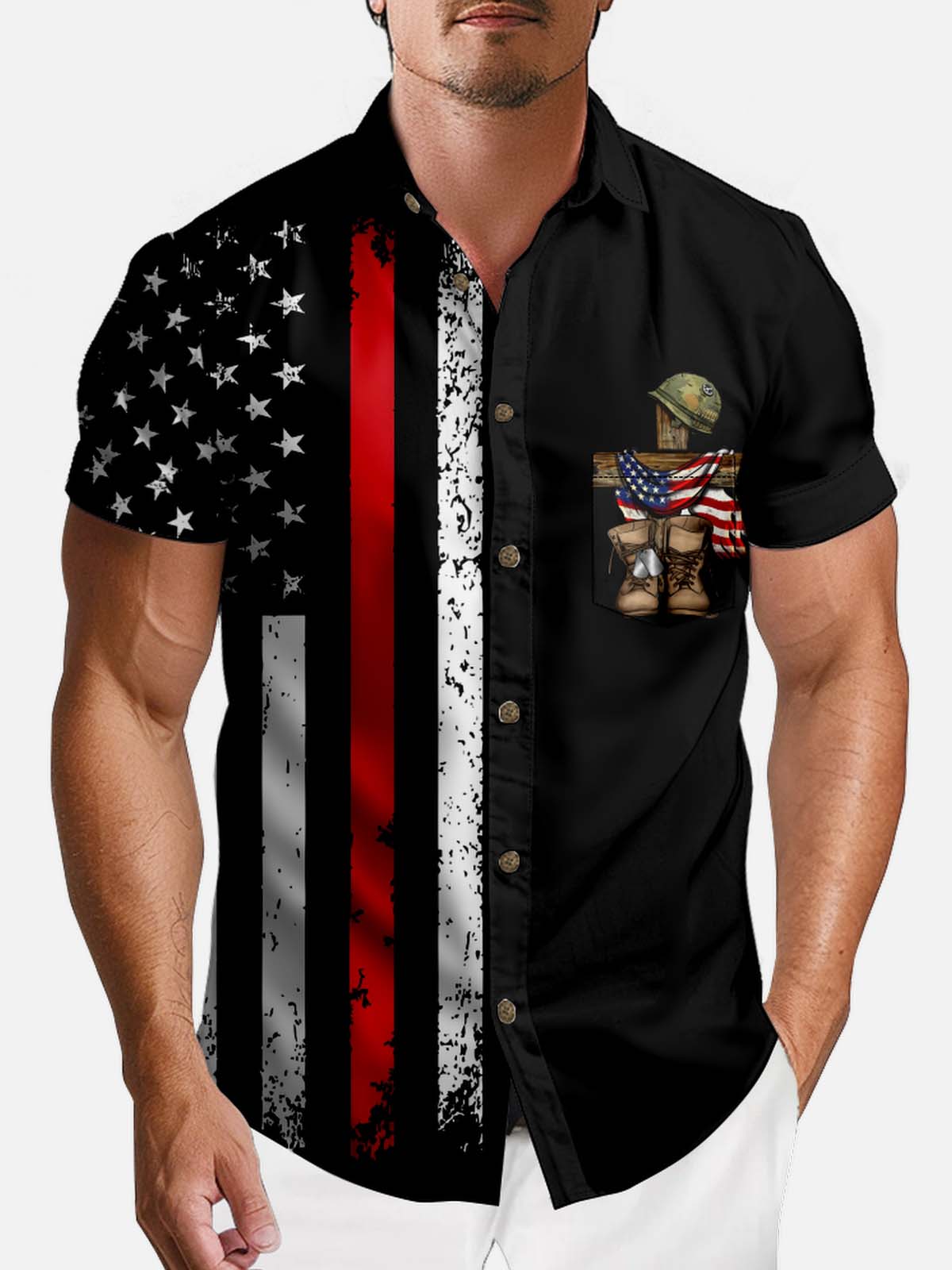 American Pride Spread Collar Short Sleeve Shirt For Men Ironclad Military Spirit Eleven Oasis