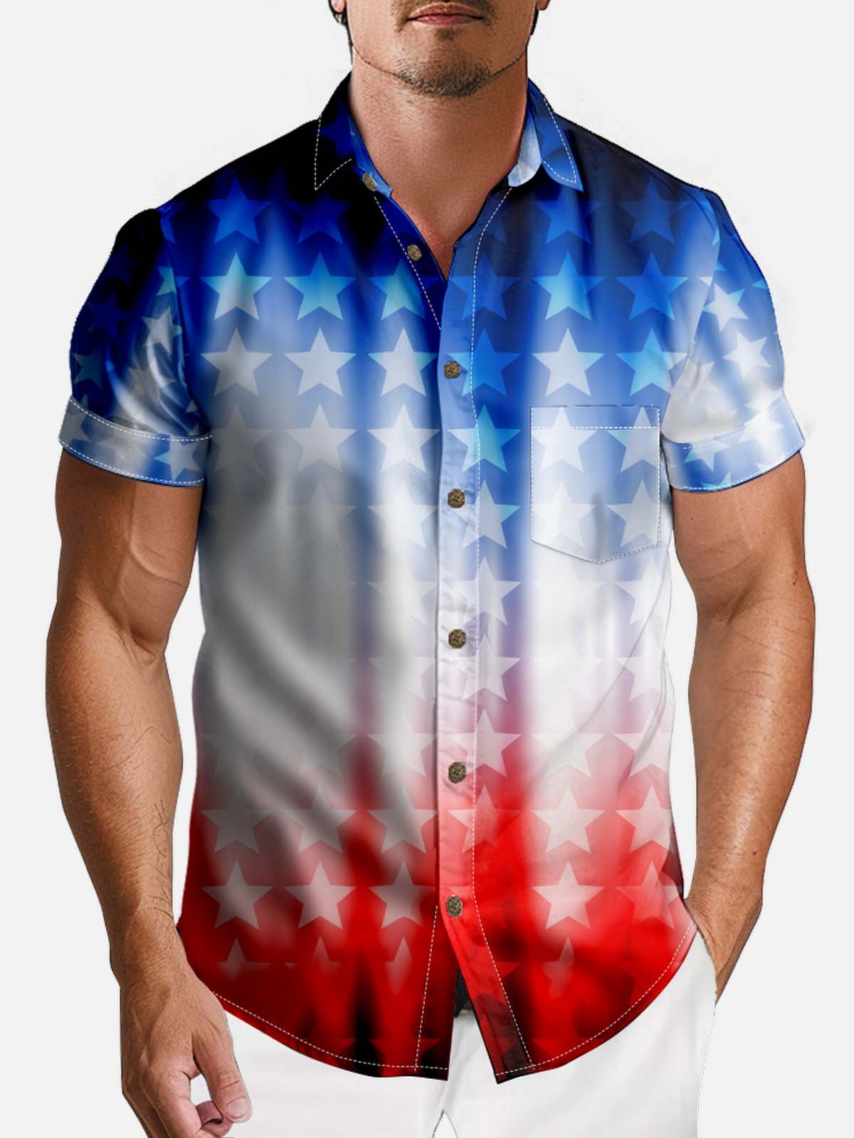 American Pride Spread Collar Short Sleeve Shirt For Men Gradient Starlight Eleven Oasis