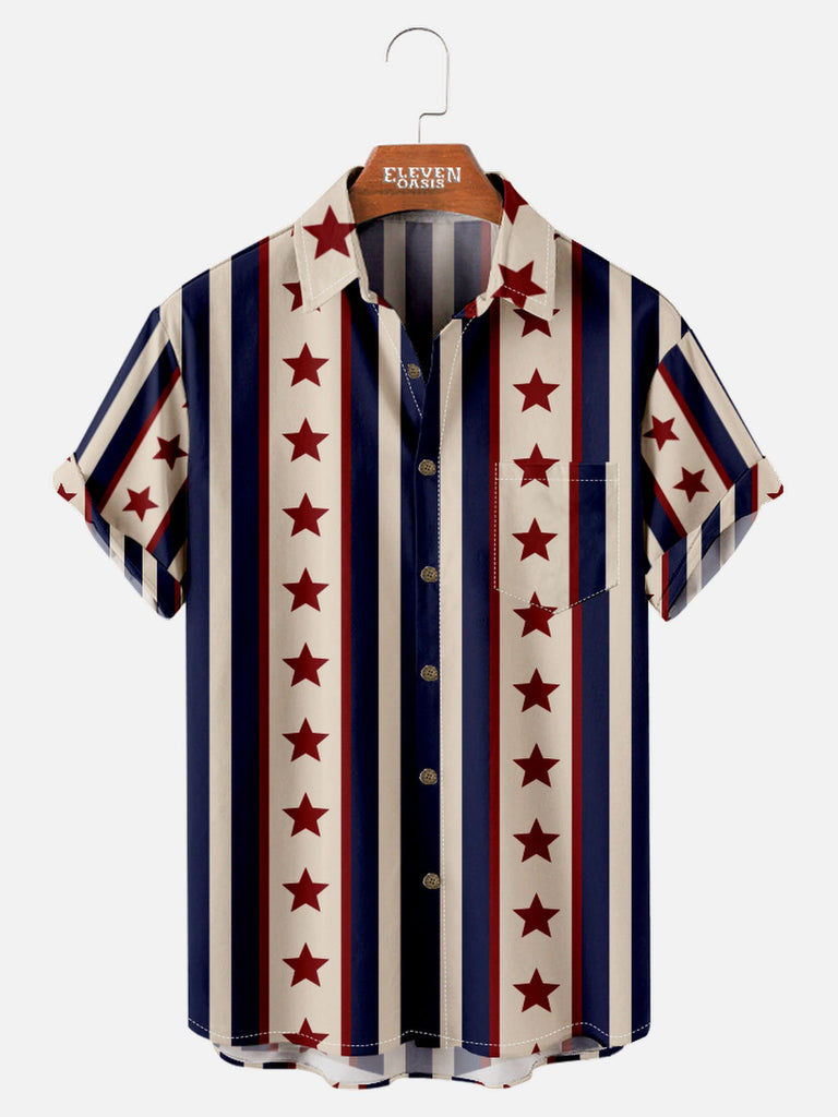 American Pride Spread Collar Short Sleeve Shirt For Men Pop Art Inspired Star Eleven Oasis