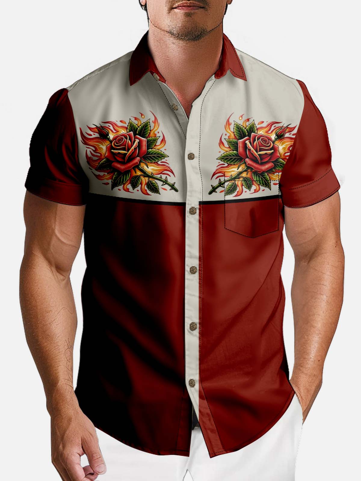 Plants & Flowers Spread Collar Short Sleeve Shirt For Men Fire Roses Eleven Oasis