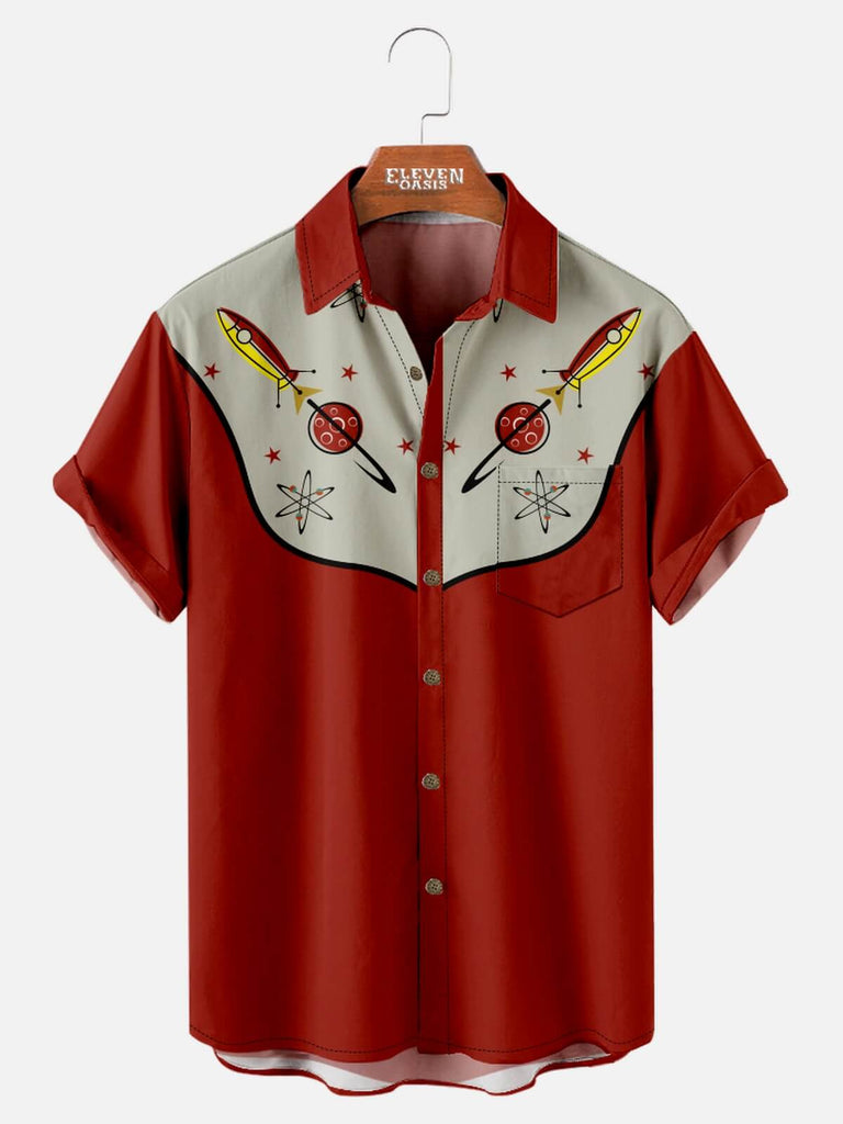 Men's Cowboy Western Spaceship Shirt with Chest Pocket Eleven Oasis