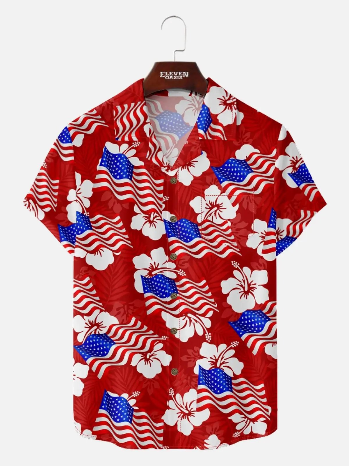 Men's Patriotic American Flag Hibiscus Hawaiian Short Sleeve Shirt Eleven Oasis