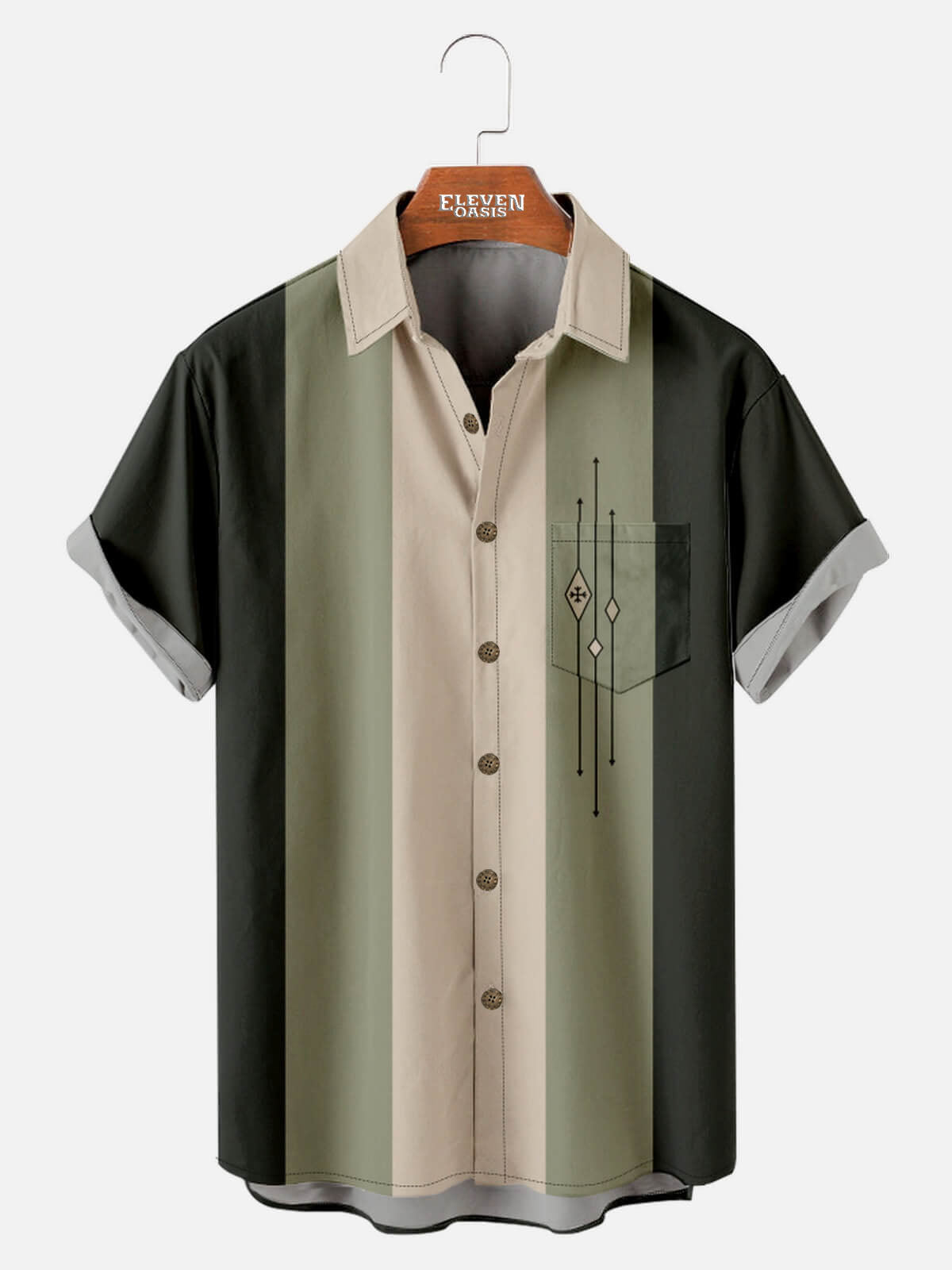 Mens Color-block Striped Casual Breathable Short Sleeve Bowling Shirts ElevenOasis