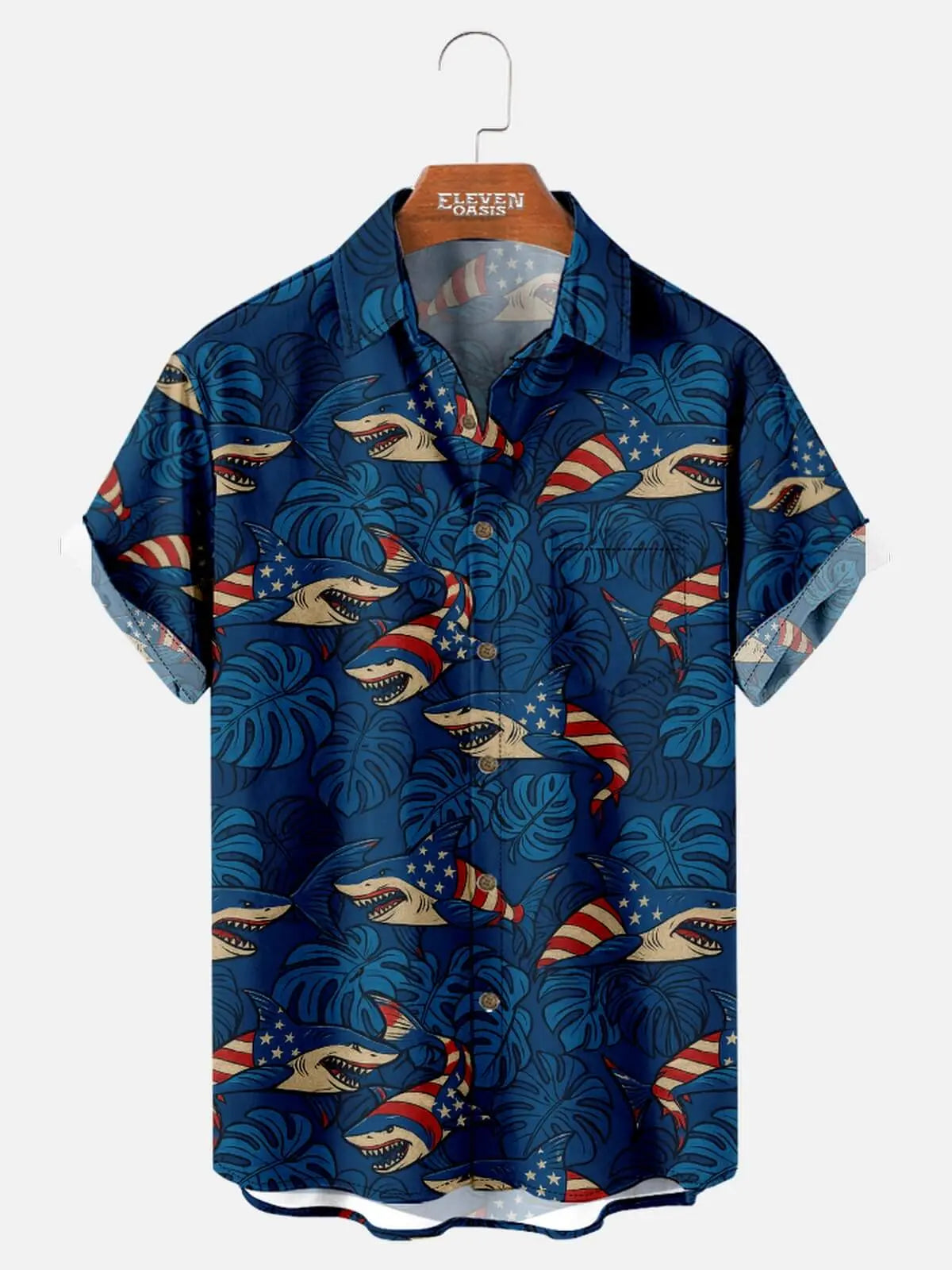 Tall Men's American Flag Shark Hawaiian Short Sleeve Shirt Eleven Oasis