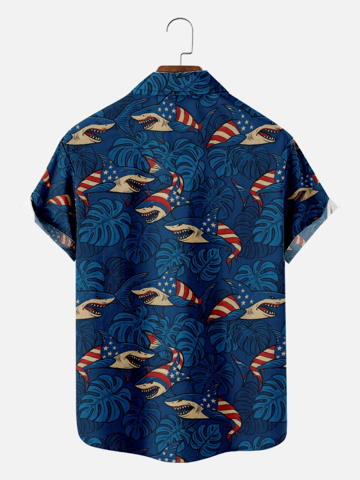 Men's American Flag Shark Hawaiian Short Sleeve Shirt Eleven Oasis