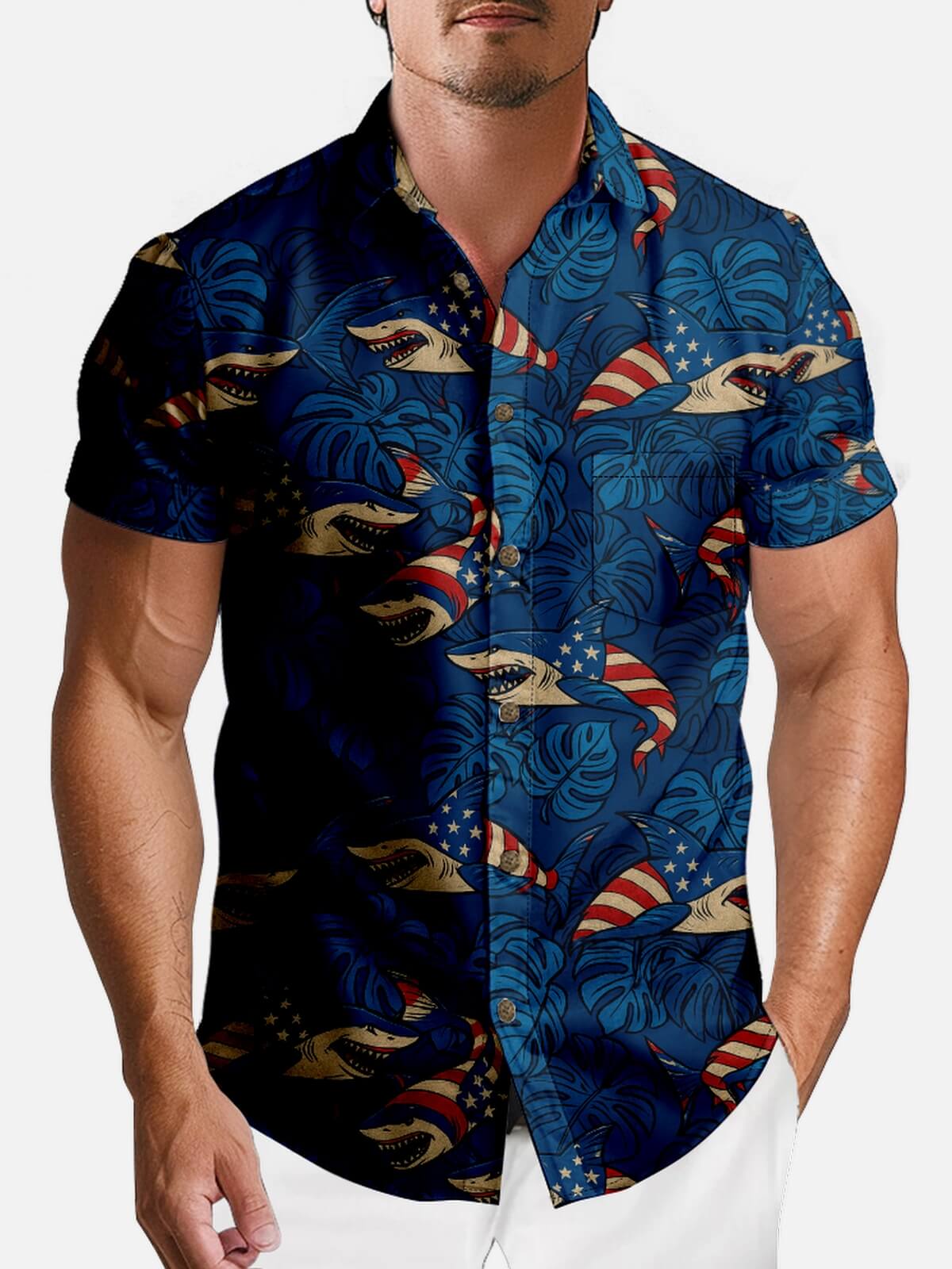 Tall Men's American Flag Shark Hawaiian Short Sleeve Shirt Eleven Oasis