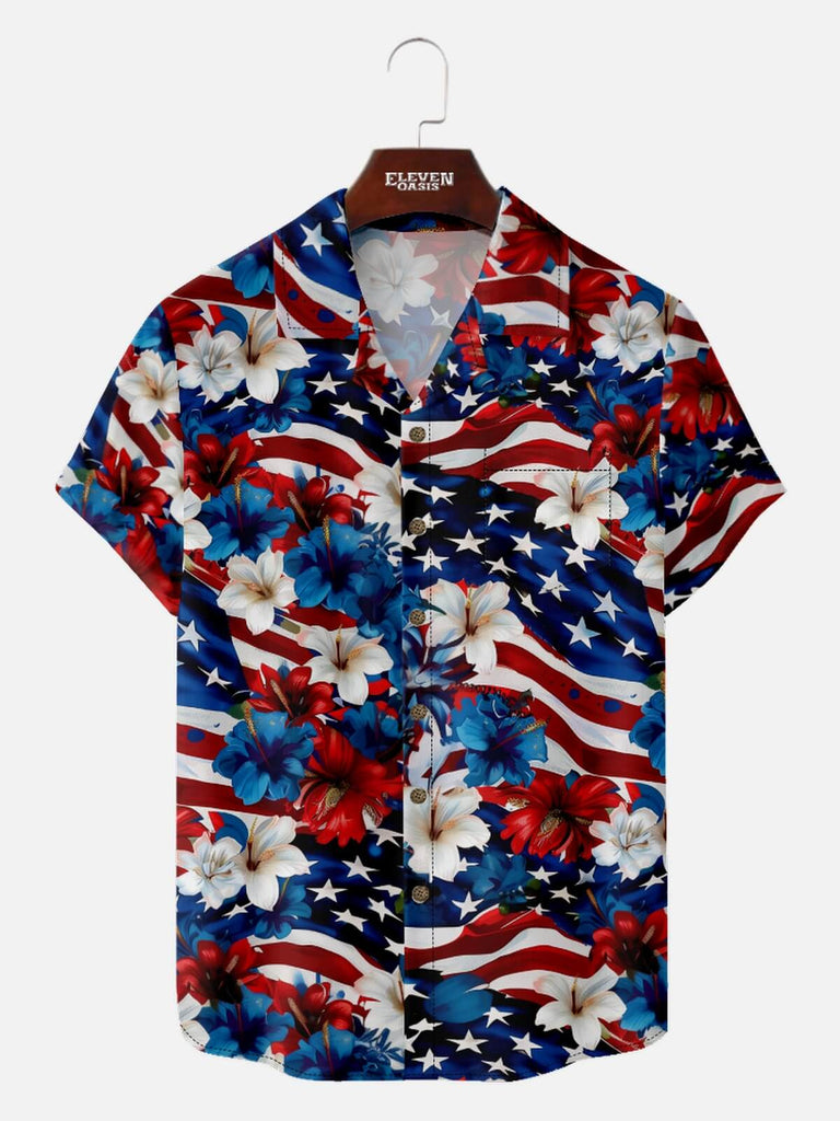Men's Patriotic Hibiscus Flag Hawaiian Short Sleeve Shirt Eleven Oasis