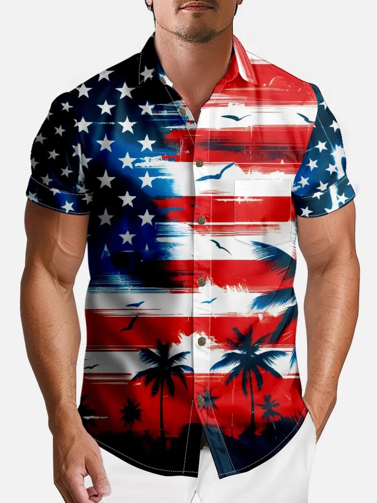 Tall Men's Patriotic Paradise Paintbrush Flag Short Sleeve Shirt Eleven Oasis