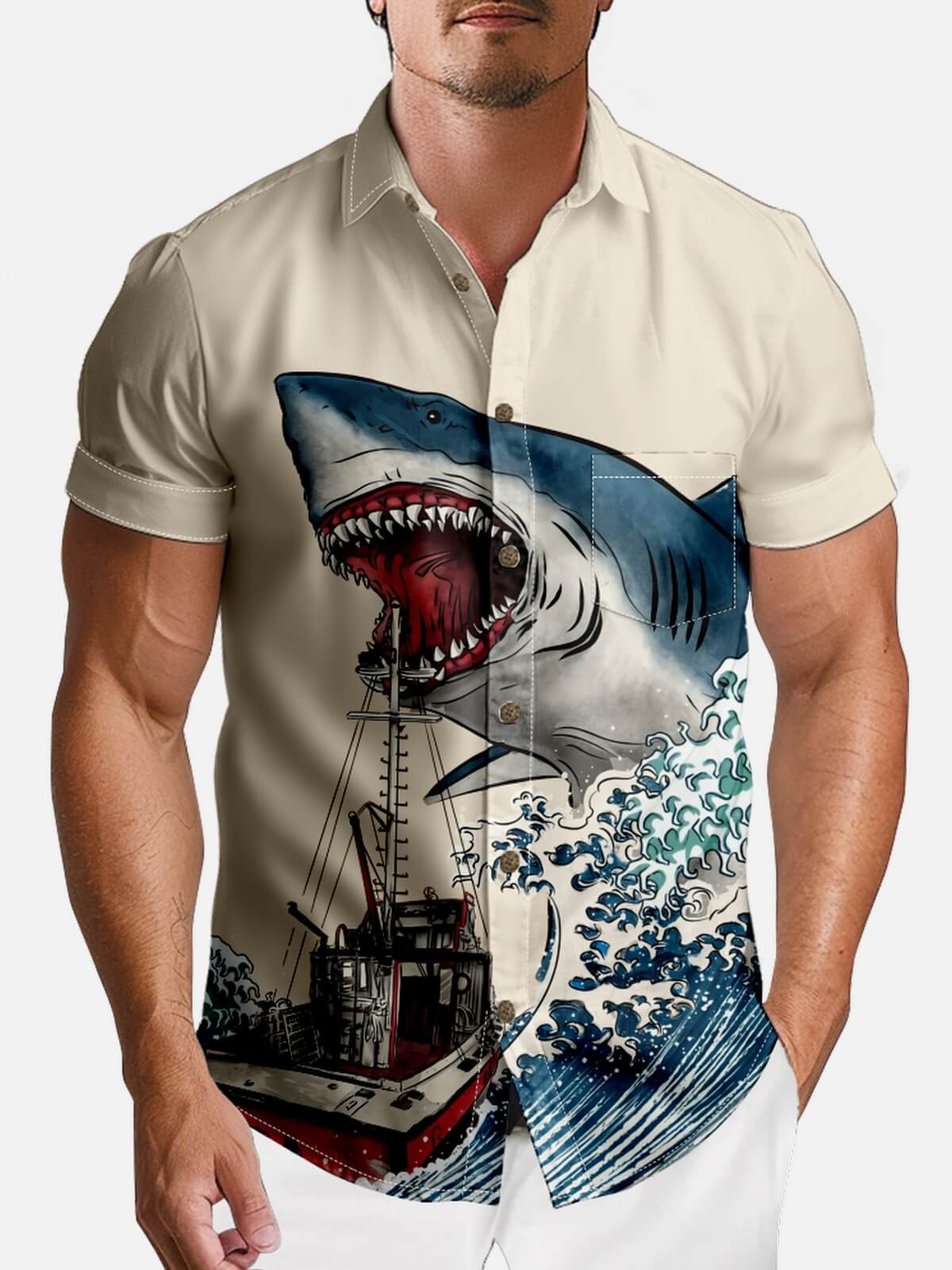 Tall Men's Japanese Fishing Boat Shark Short Sleeve Shirt Eleven Oasis