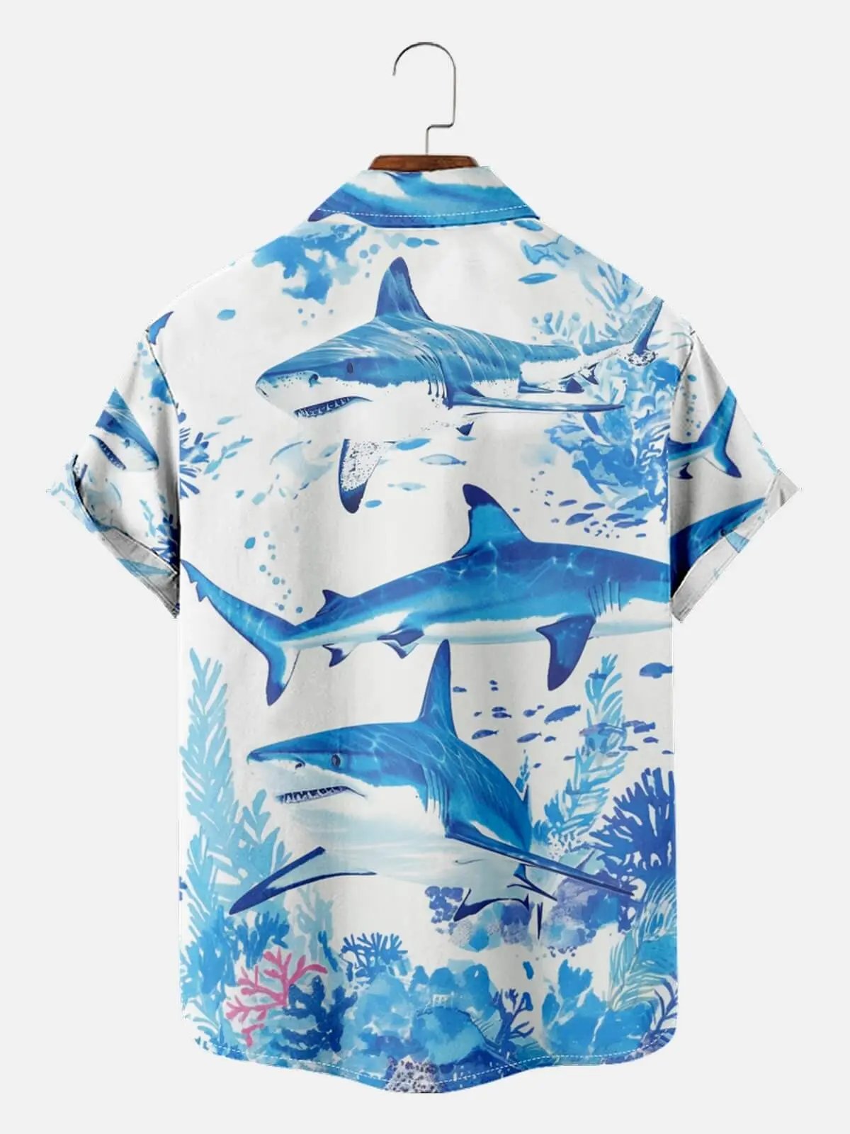 Tall Men's Watercolor Ocean Sharks Short Sleeve Shirt Eleven Oasis