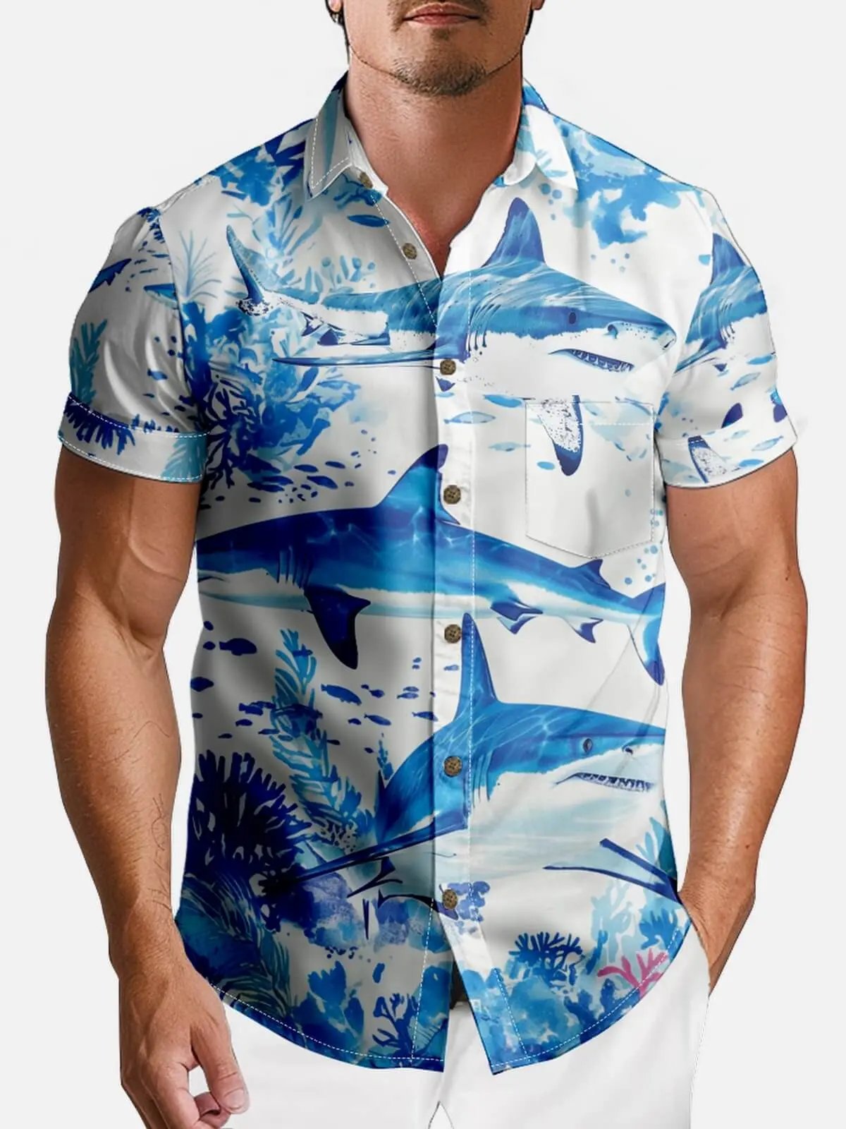 Tall Men's Watercolor Ocean Sharks Short Sleeve Shirt Eleven Oasis