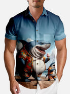 Men's Vacation Shark Family Short Sleeve Shirt ElevenOasis