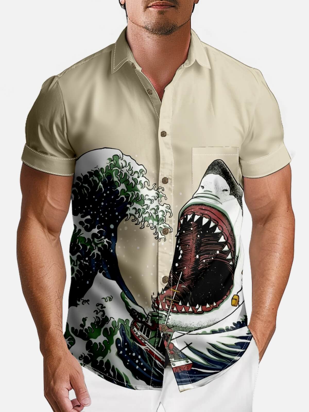 Men's Japanese Wave Shark Attack Short Sleeve Shirt Eleven Oasis