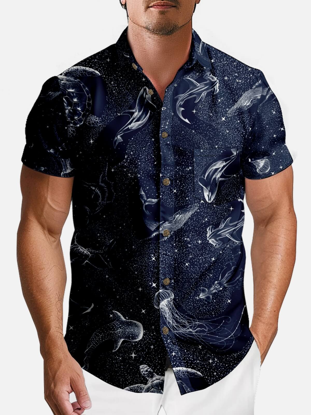 Tall Men's Cosmic Ocean Creatures Short Sleeve Shirt Eleven Oasis