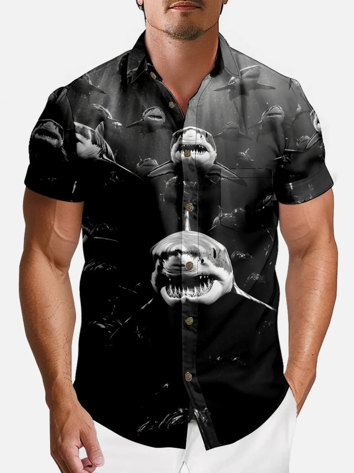 Tall Men's Monochrome Shark Attack Short Sleeve Shirt ElevenOasis