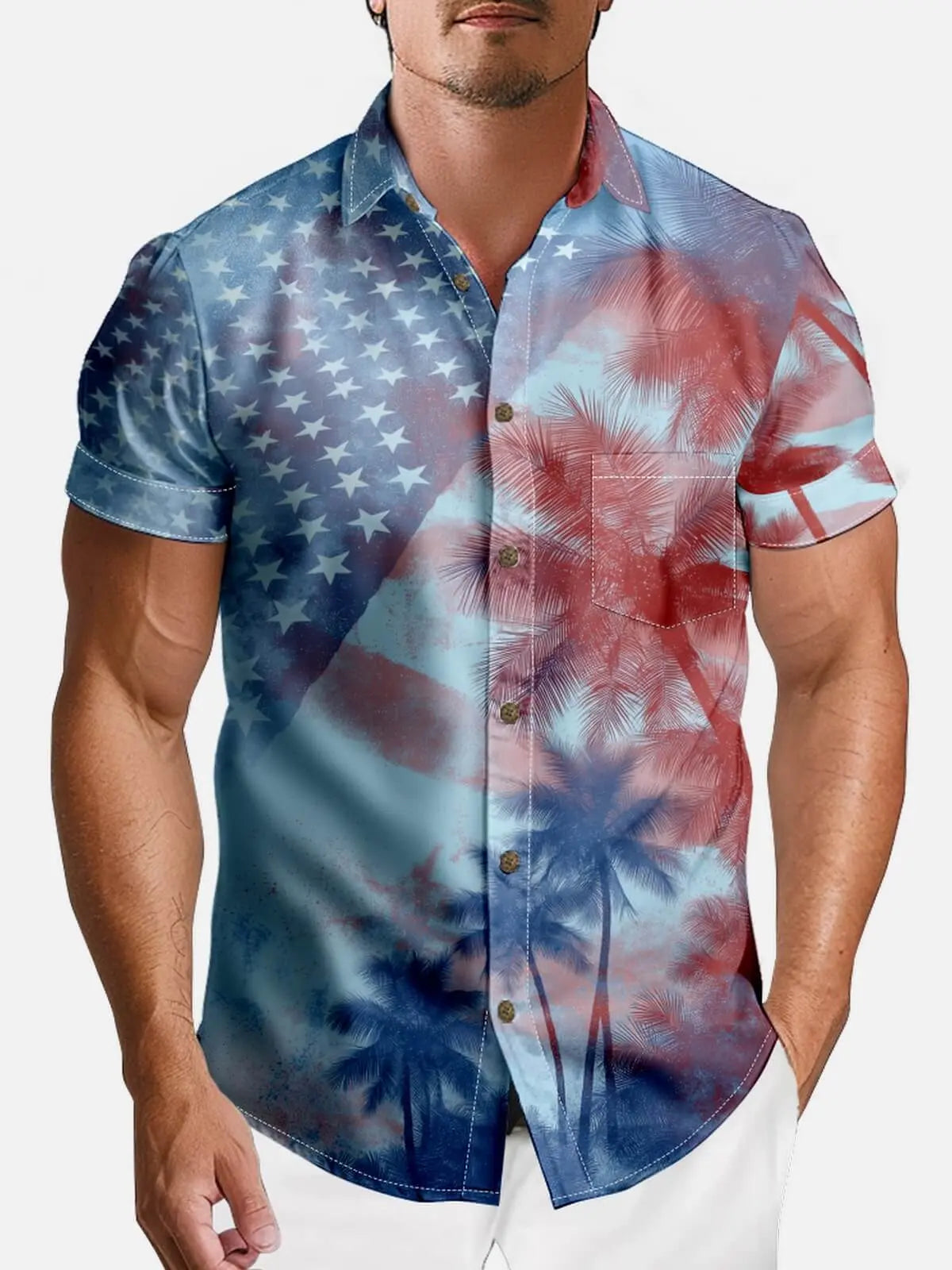 Tall Men's Patriotic Palm Tree Hawaiian Short Sleeve Shirt Eleven Oasis