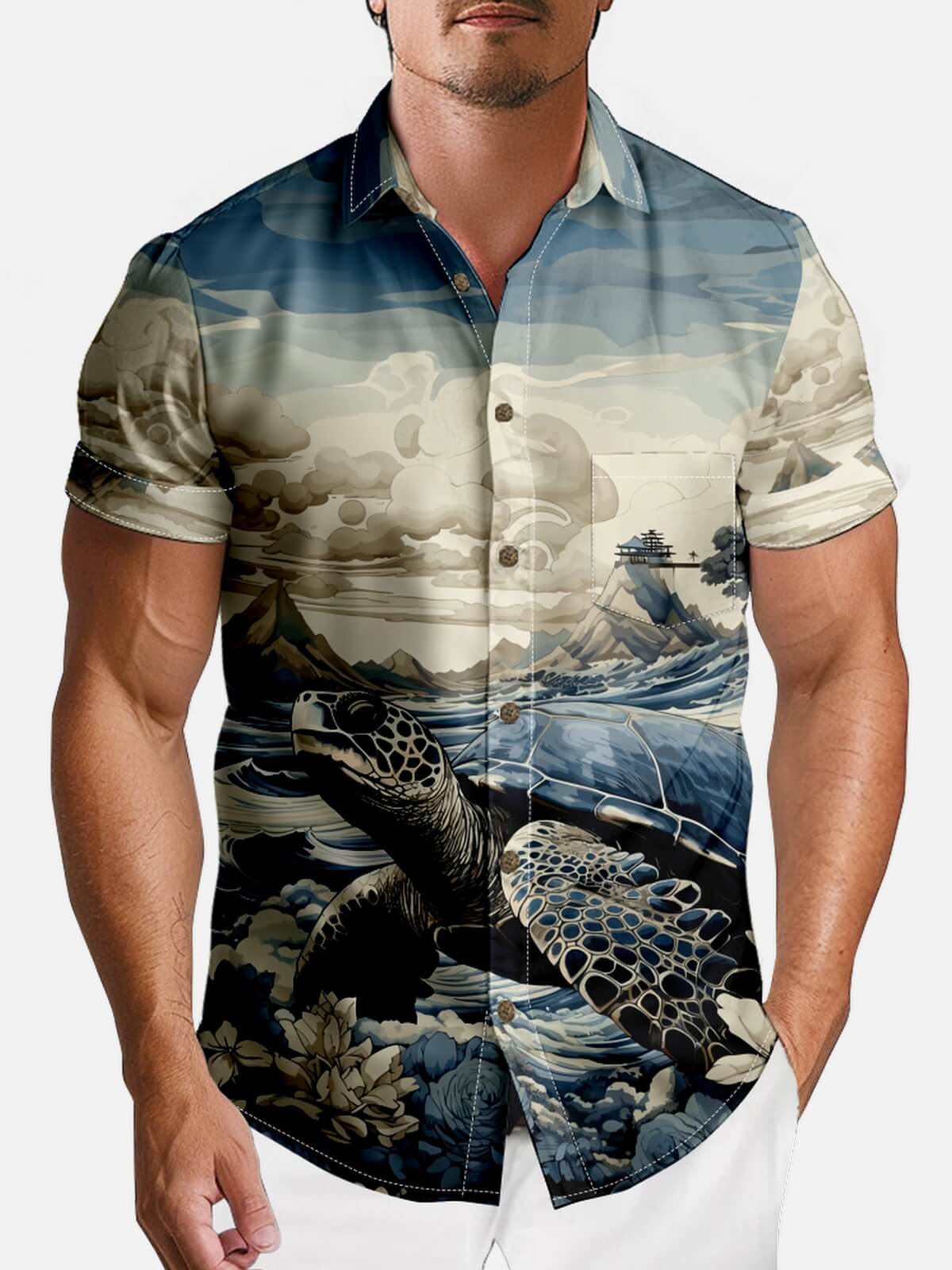 Men's Japanese Wave Sea Turtle Short Sleeve Shirt Eleven Oasis